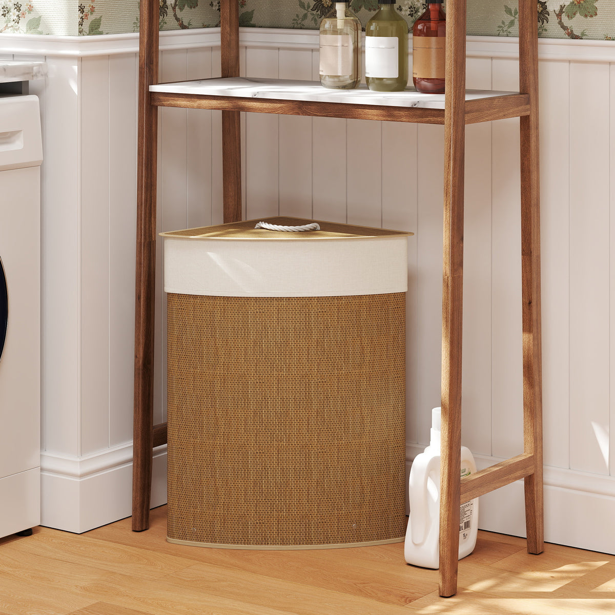 Wäschekorb im Eckdesign, Bambusgeflecht, 55 Liter, Stoffbeutel, Metallrahmen, Braun