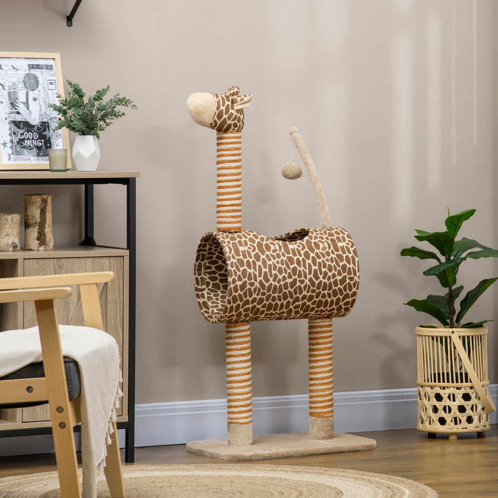 Giraffe-Designed Cat Tree, with Scratching Posts, Cat Tunnel, Toy Ball - Beige