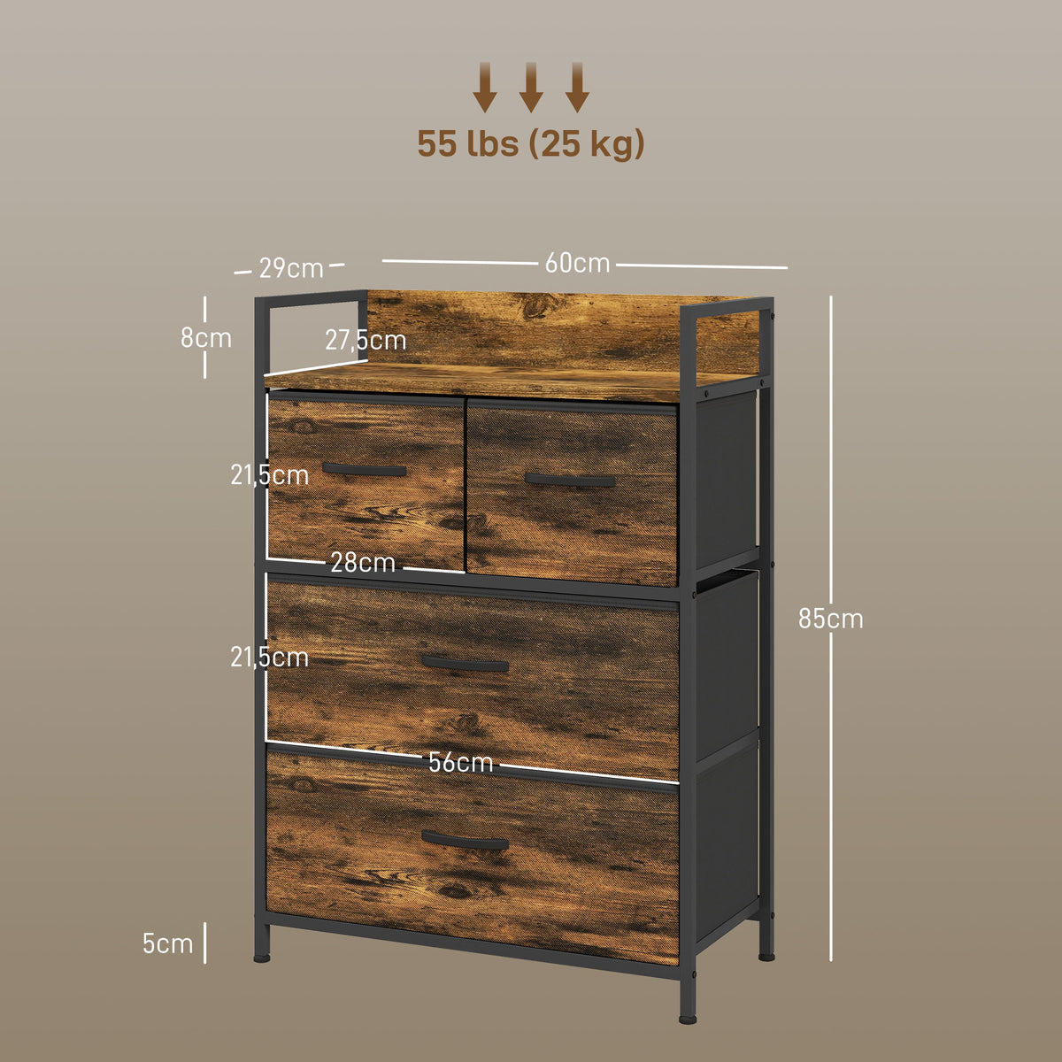 Rustic Chest of Four Fabric Drawers - Rustic Brown