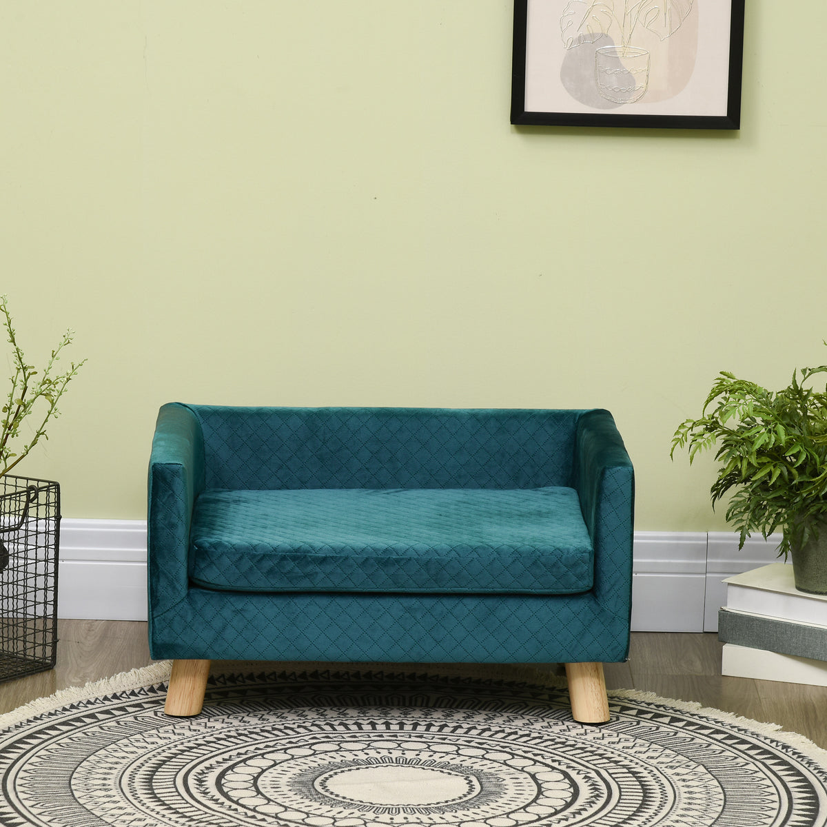 Hundesofa Hundebett Hundecouch aus Samt mit Rückenlehne, Holzbeine, Kissen, bis zu 8 kg 64 x 45 x 36 cm Blau