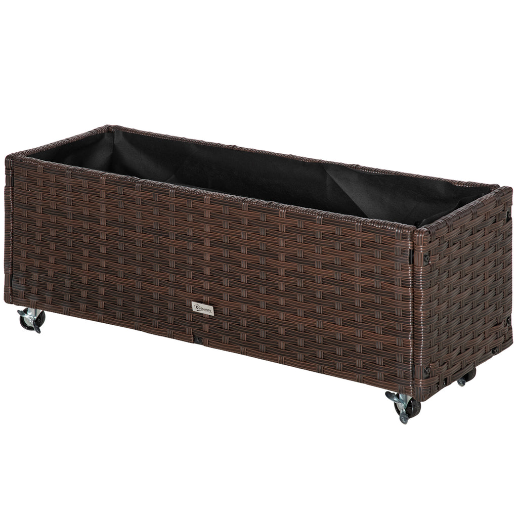 Hochbeet Poly Rattan mit Rollen Pflanzkasten mit Abflusslöchern Blumenkasten Blumenkübel Kaffee-Braun 94,5 x 31 x 36 cm