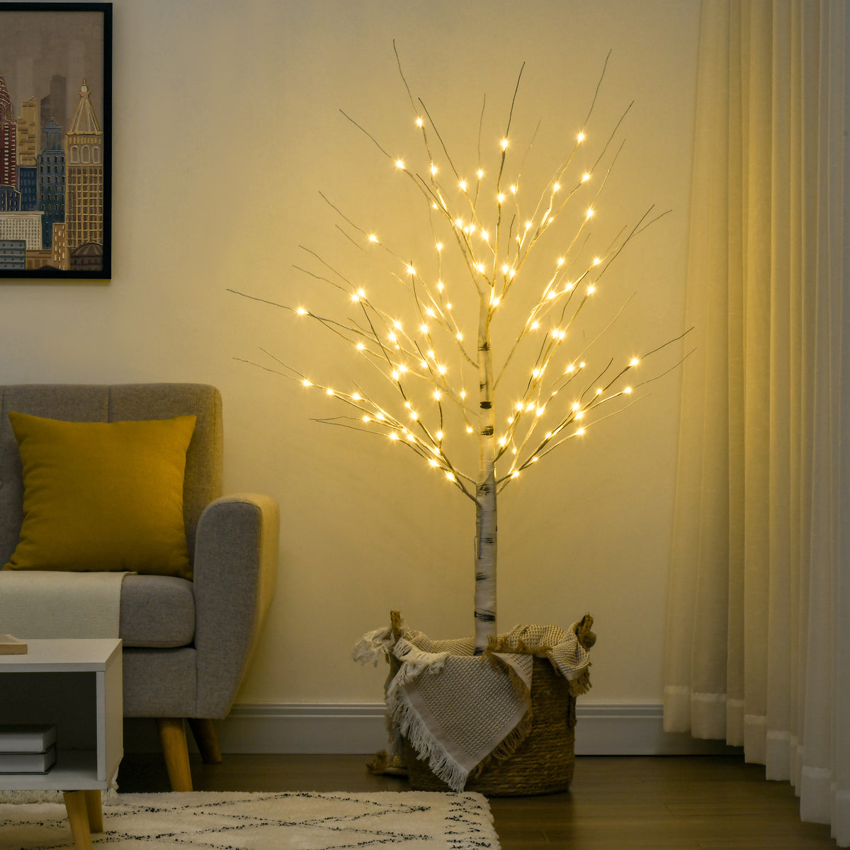 Künstliche Birke mit LEDs, biegsame Äste, Kunststoff und Metall, 150 cm, Weiß