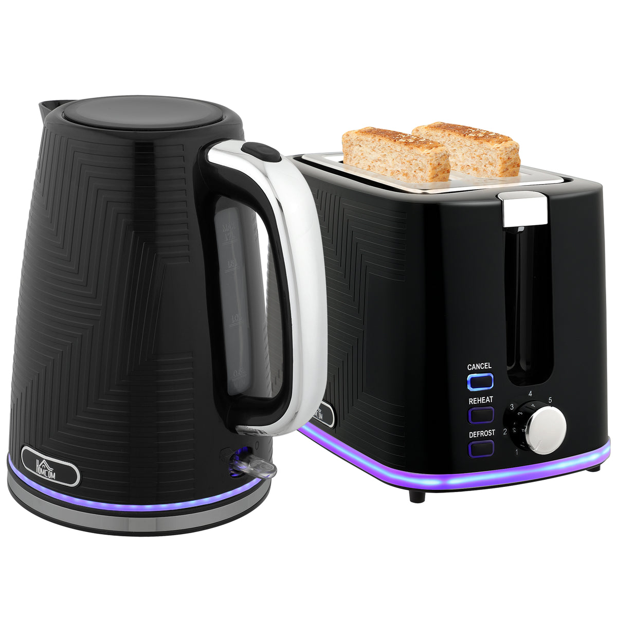 Wasserkocher- und Toaster-Set, 2200W, Otter-Thermostat, 2-Schlitz-Toaster, 7 Br?unungsstufen, Kr¨¹melfach, Schwarz