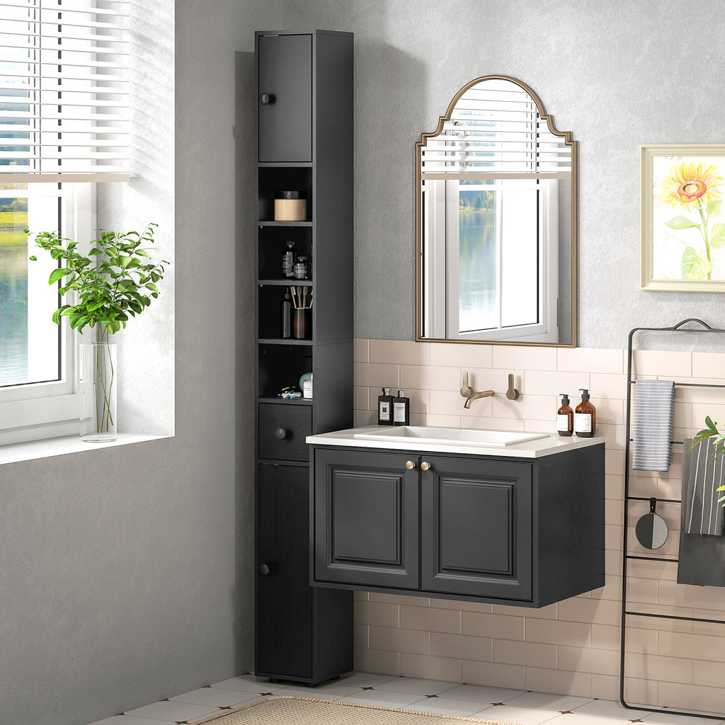180 cm Schmaler Badezimmerschrank, Toilettenpapierregal mit offenen Fächern, 2 Schränken, Schwarz
