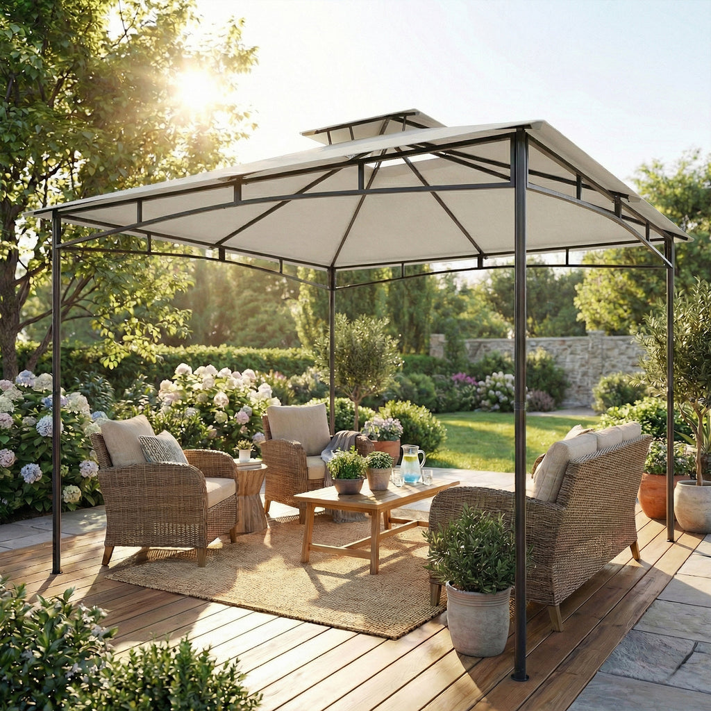 Pavillon 3x3m Wasserabweisend Stabil Winterfest Gartenpavillon mit zurückziehbar Obenrahmen Doppeldach Cremeweiß