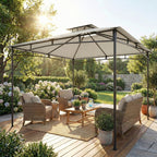 Pavillon 3x3m Wasserabweisend Stabil Winterfest Gartenpavillon mit zurückziehbar Obenrahmen Doppeldach Cremeweiß