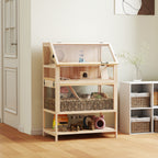 Hamsterkäfig aus Holz 3 Etagen Nagerkäfig mit abnehmbar Boden Ablage Laufrad Wippe Rampe Hütte 80x53x117cm Naturholz