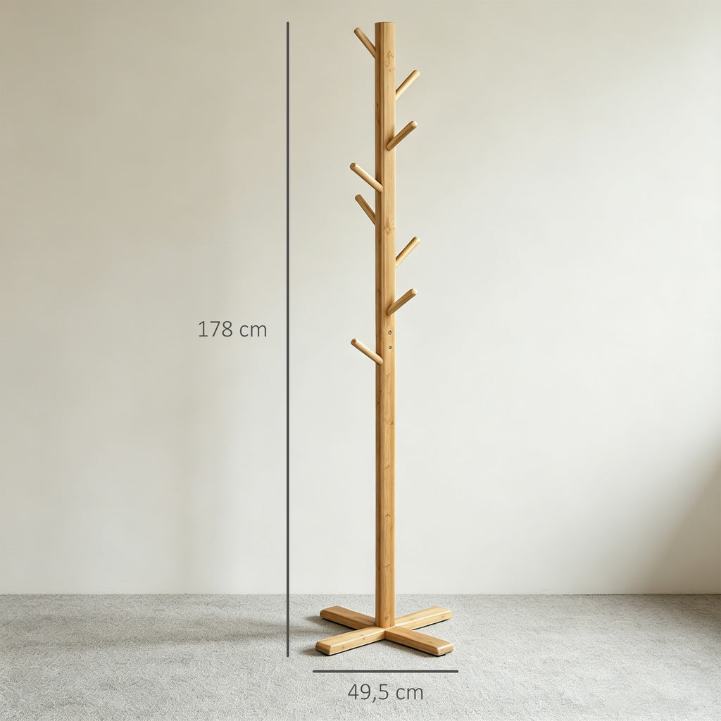 Garderobe Kleiderst?nder Hutst?nder, 8 Haken, 49,5 cm x 49,5 cm x 178 cm, Natur