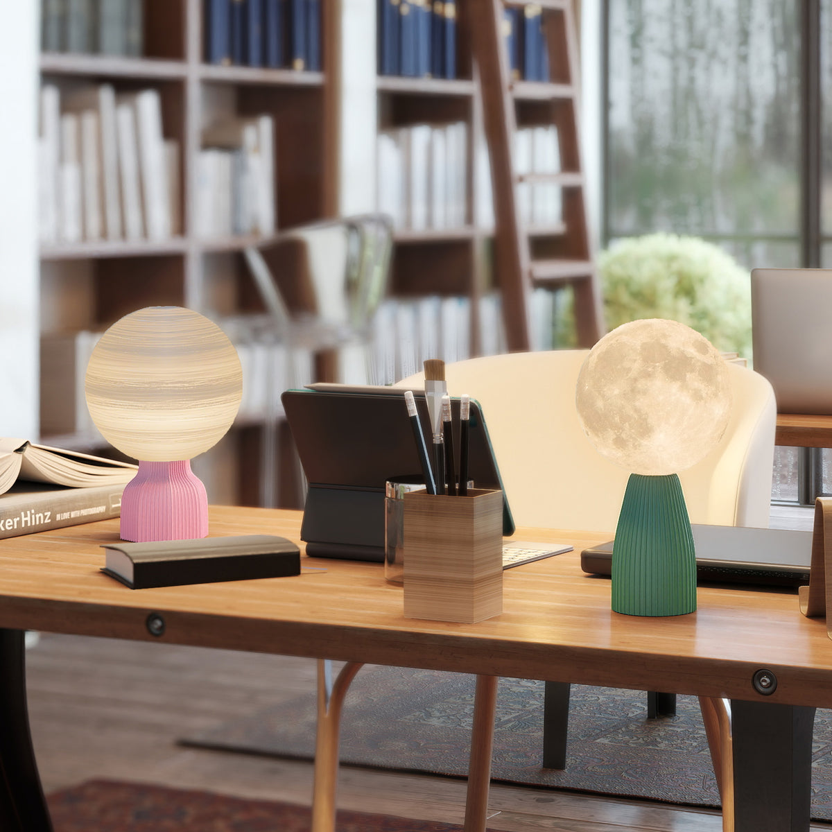 Tischlampen-Set in Planeten-Optik, 3-farbig, USB, Kunststoff, Weiß