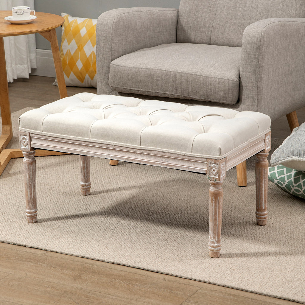 Gepolsterter Sitzhocker, Polsterbank, Fu?hocker, Holz und Stoffbezug in Leinenoptik, 80L x 40B x 43H cm, Cremewei?