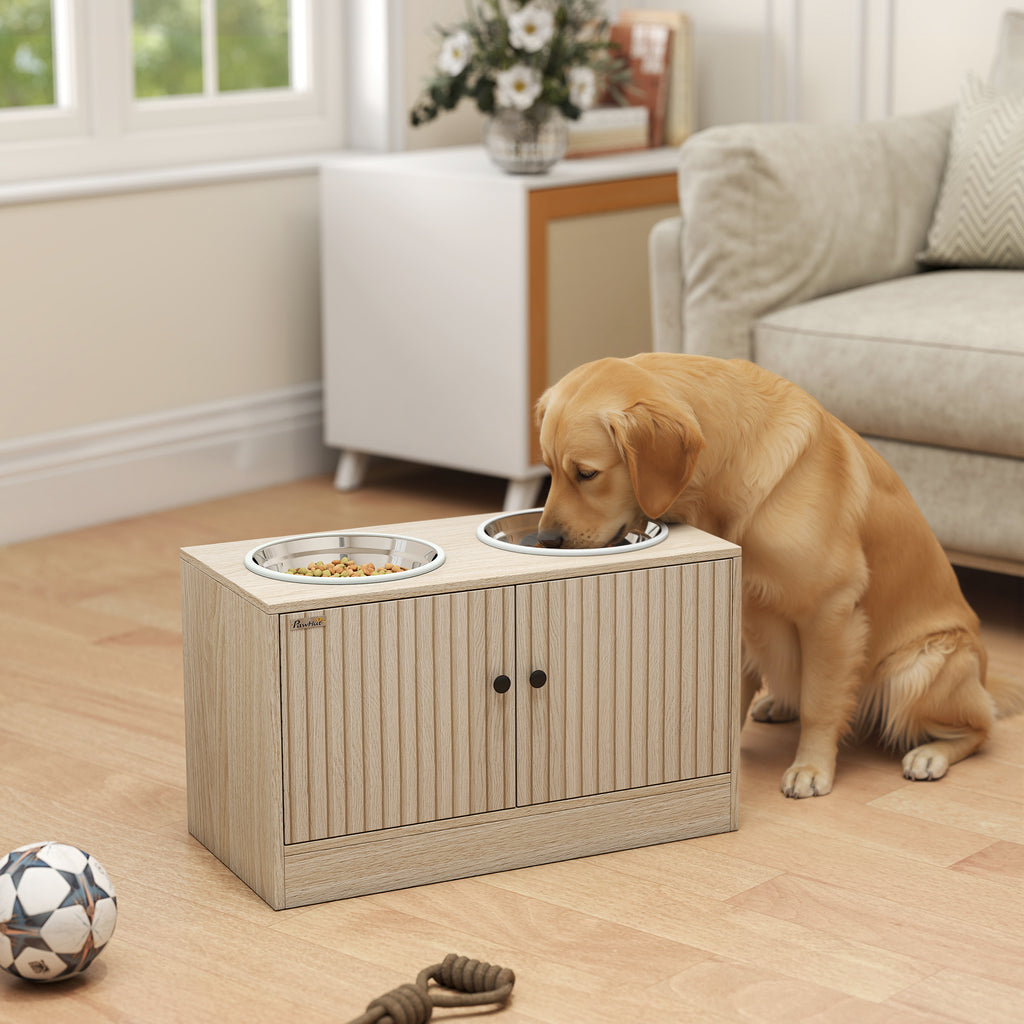 Hundefutterstation mit 2 Edelstahl-Näpfen, Schrank für Utensilien, für große Hunde, Zubehör, Holz