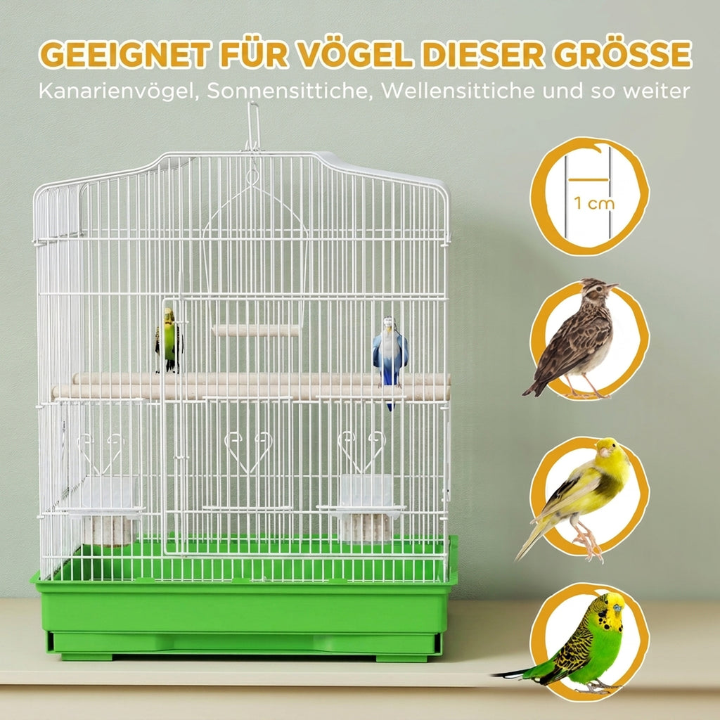 Vogelkäfig im Vintage-Design für kleine Vogelarten inkl. Zubehör 46,5 x 36 x 59 cm Stahl, Holz, Weiß+Grün