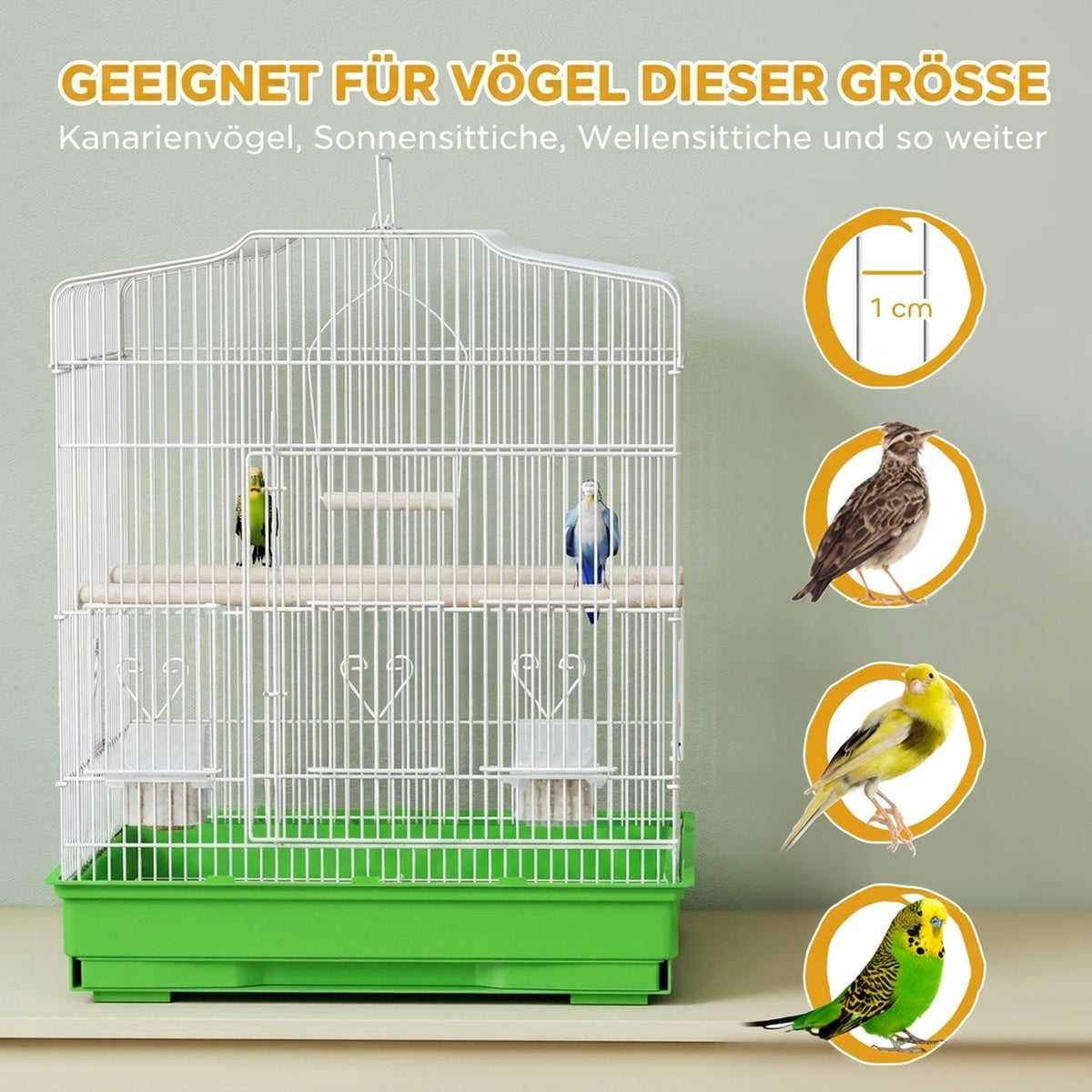 Vogelkäfig im Vintage-Design für kleine Vogelarten inkl. Zubehör 46,5 x 36 x 59 cm Stahl, Holz, Weiß+Grün