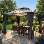 3 x 3.6 m Outdoor Hardtop Gazebo Canopy with 2-Tier Roof, Permanent Pavilion Garden Metal Gazebo with Sides, Dark Grey