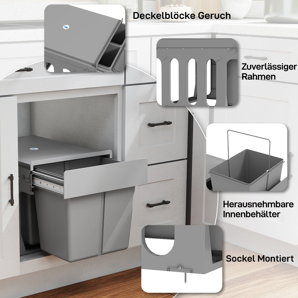 Pull Out Bin, Under Sink Bin - 3 Removable Compartments (15L + 2 x 8L) for 400mm Cabinets, Light Grey