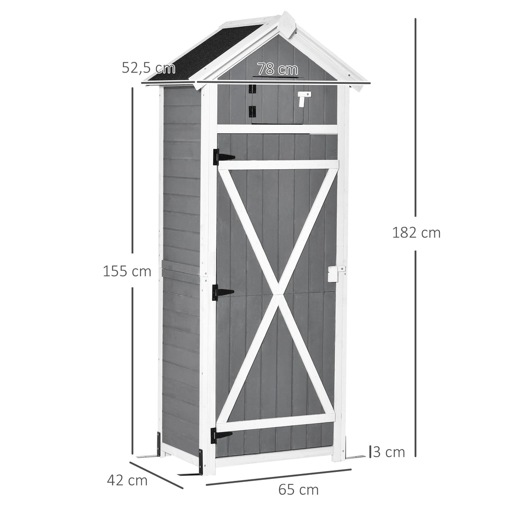 Garden Wood Storage Shed with Workstation, Hooks and Ground Nails Multifunction  Lockable Sheds & Outdoor Storage Asphalt Roof Tool Organizer, 182 x 78 x 52.5cm, Grey