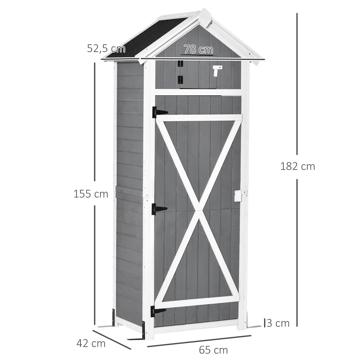 Garden Wood Storage Shed with Workstation, Hooks and Ground Nails Multifunction  Lockable Sheds & Outdoor Storage Asphalt Roof Tool Organizer, 182 x 78 x 52.5cm, Grey