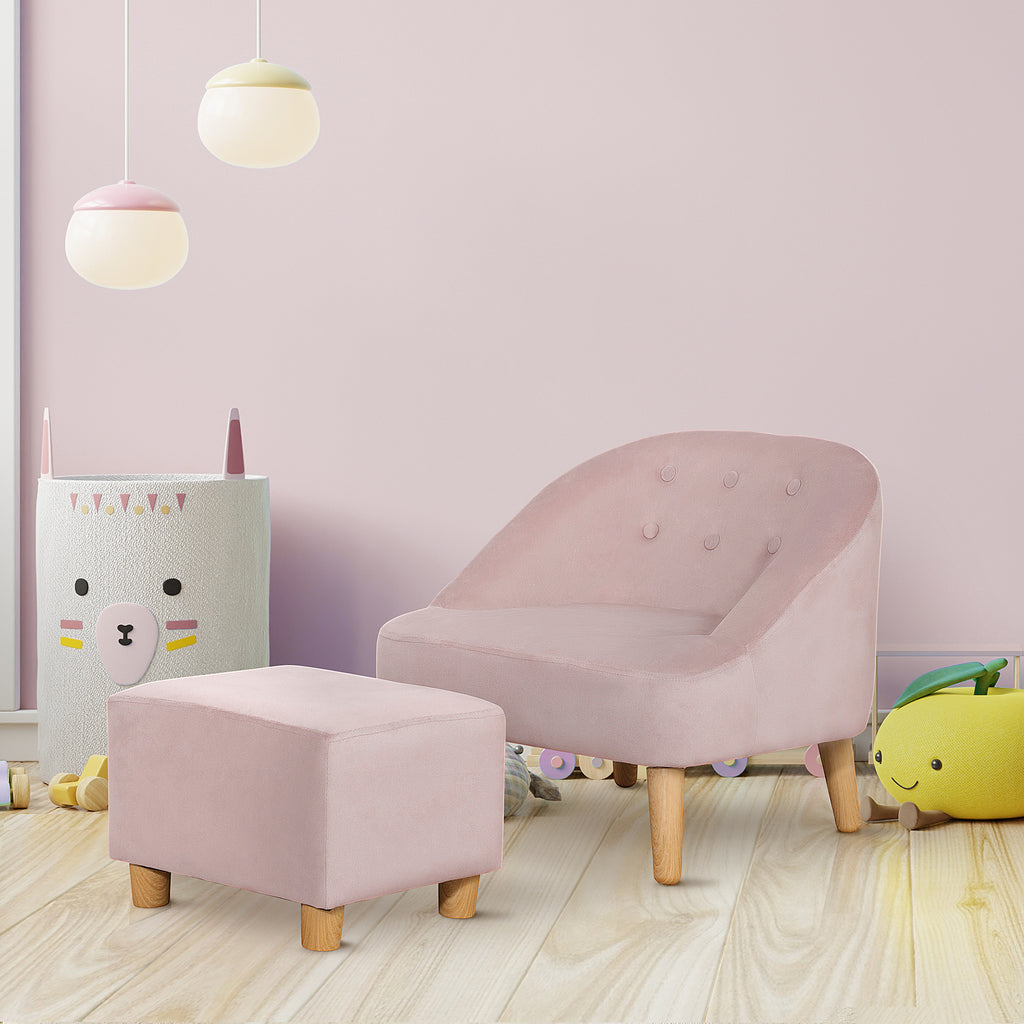 Kindersessel mit Ottomane f¨¹r Kinder von 3 bis 5 Jahren Niedliches Design Samtoptik 51 cm x 51 cm x 50 cm Rosa