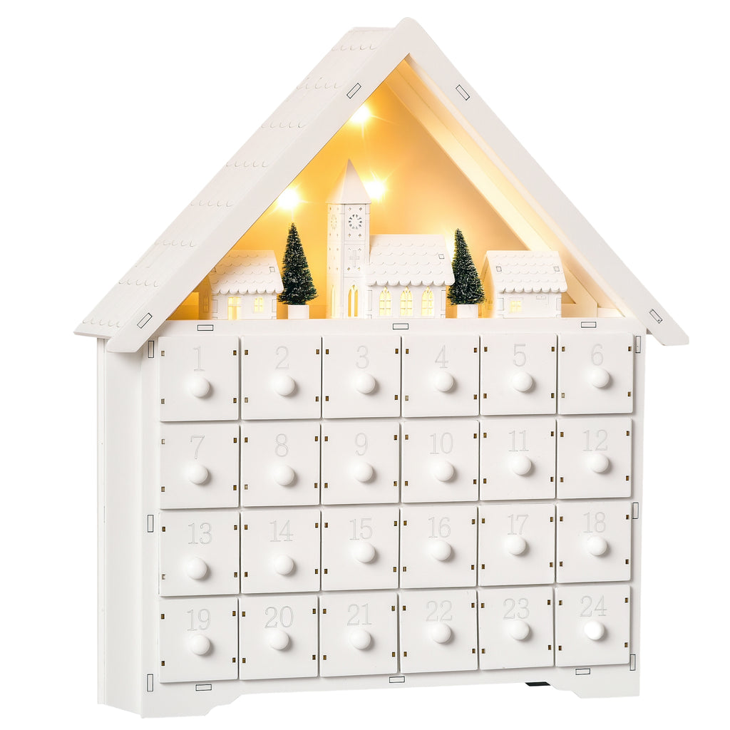 Adventskalender Weichnachtsdekoration Weihnachtsdeko, 24 Schubladen, LED-Lichter, 39 cm x 9 cm x 42 cm, Weiß + Grün