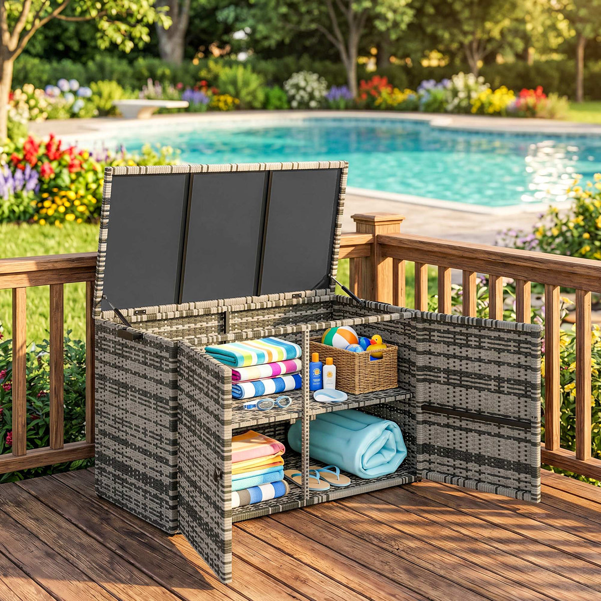 Rattan Auflagenbox 350L 2-Ebenne Kissenbox mit Deckel Hebestangen Tragegriffe 118 x 57 x 69 cm Mischgrau