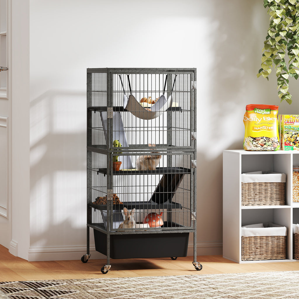 Kleintierkäfig 4-stöckiger Nagerkäfig mit anhebbarem Tablett Rampen Hängematte Rollen Plattformen 52x52x115 cm Grau