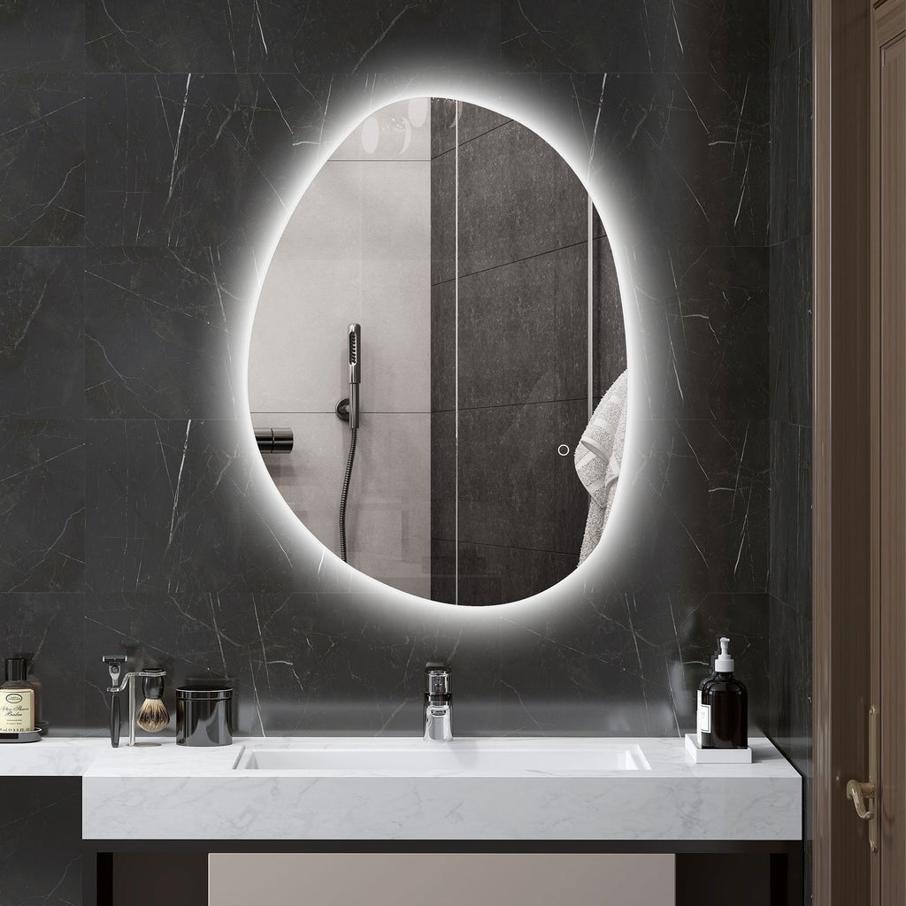 Beleuchteter Badezimmerspiegel, asymmetrische Form, 80 x 60 cm, LED-Lichter, 3 Lichtfarben, Anti-Beschlag-Funktion, Silber