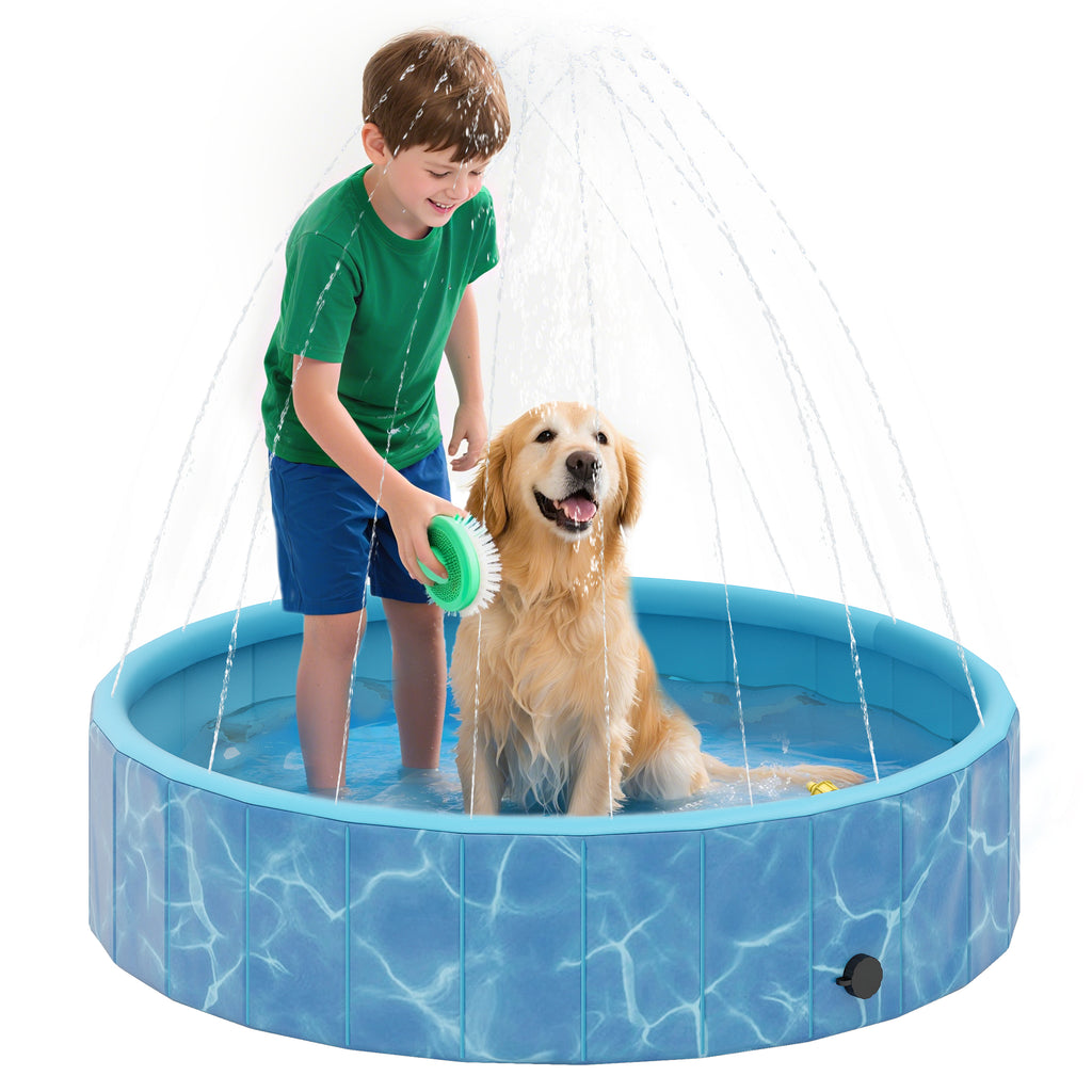 Hundepool Faltbar Planschbecken mit Brunnen- und Wasserpolsterdesign Ø120 x 30 cm Blau