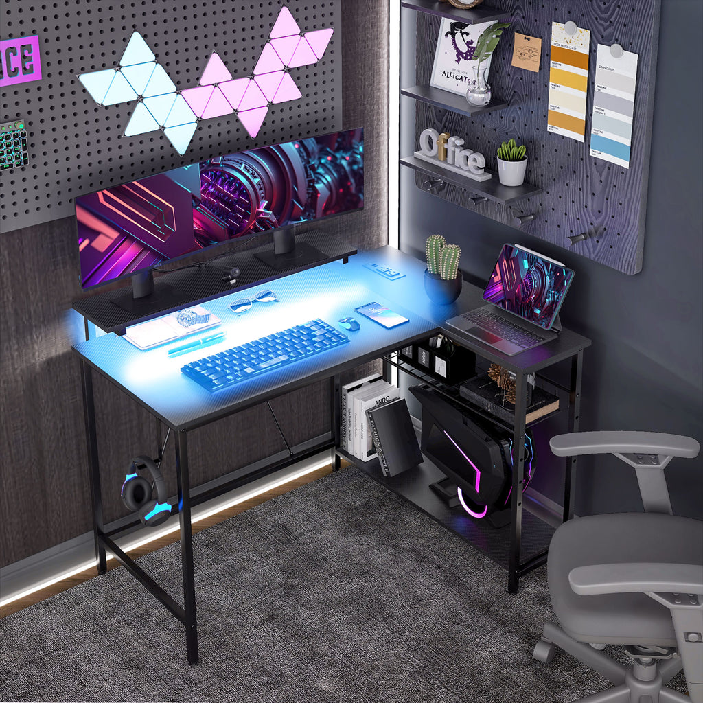 Schreibtisch L Form mit LED, Steckdosen, USB, Umkehrbar Computertisch mit Regal, 107 x 80 x 90 cm, Schwarz