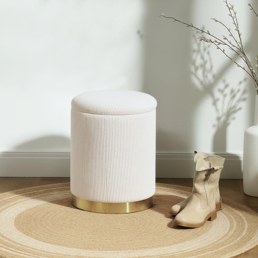 Sitzhocker mit Stauraum klappbare Hocker mit Deckel, Stahlboden, Runder Fu?hocker 36 x 36 x 44 cm Cremewei?