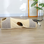 Katzentunnel mit 3 Öffnungen, plüschig, Sisal-Kratzseil, 107x38x29 cm, Beige/Grau