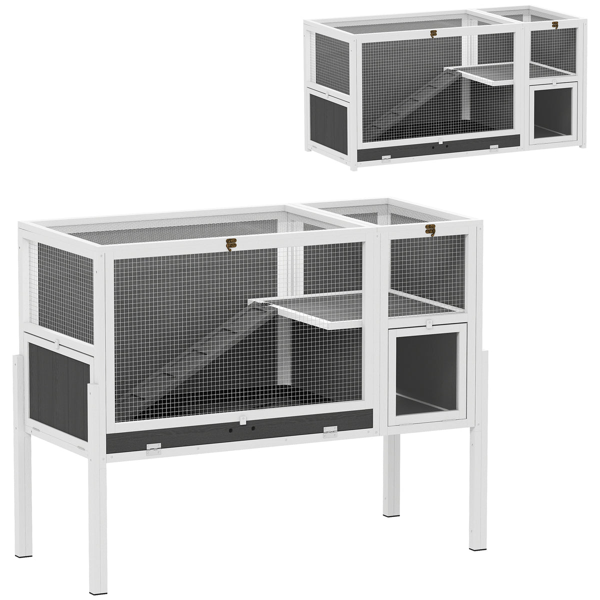 Kleintierstall für Zwerghamster, Kaninchen, Meerschweinchen, mit Zubehör, erhöhtes Design, Holz, Metall, Grau