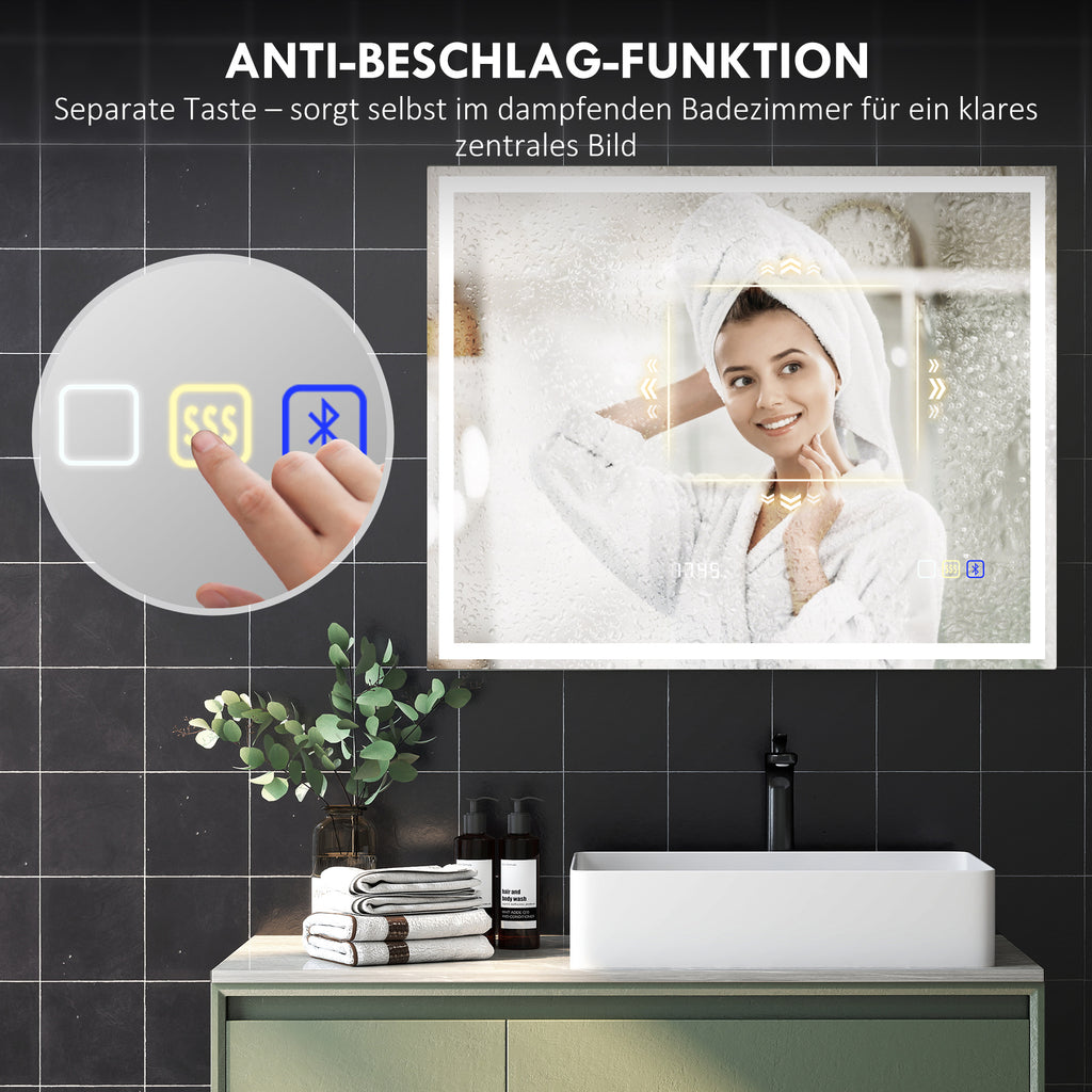 Badspiegel mit Beleuchtung 100x80 cm LED Spiegel Uhr Silber