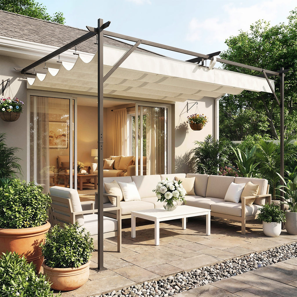 Terrassendach Pergola ca. 4x3m Terrassenüberdachung mit Verstellbares Dach, Wandmontage UV 30+ Cremeweiß