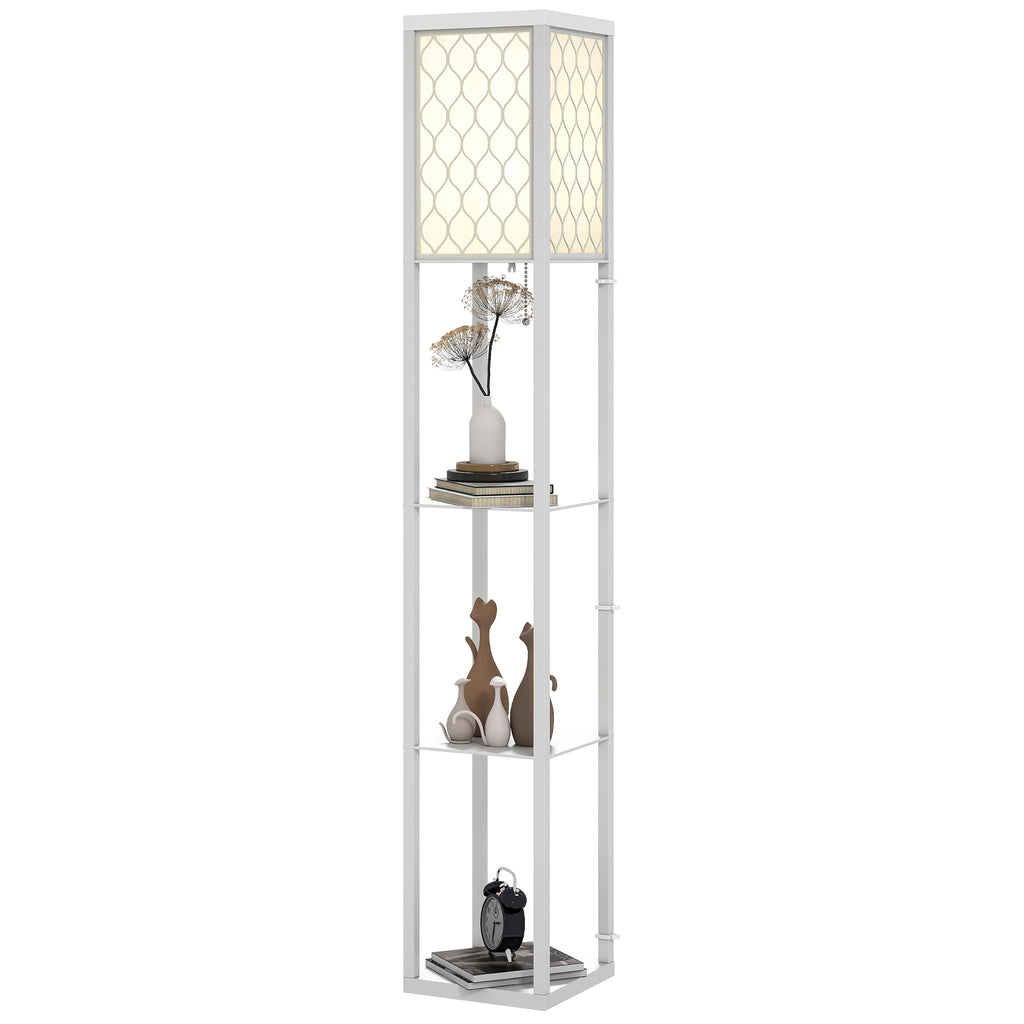Stehlampe mit Regal, 3 Fächer, kompakte Maße, MDF, Weiß