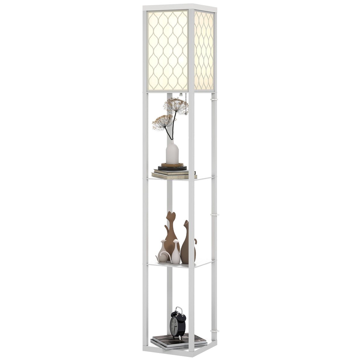 Stehlampe mit Regal, 3 Fächer, kompakte Maße, MDF, Weiß
