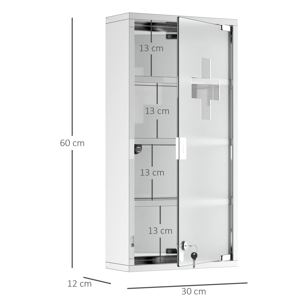  4 Tier Stainless Steel Wall Mounted Medicine Cabinet Glass Lockable Door Storage Shelves Houseware Bathroom Furniture 60Hx30Wx12D(cm) w/2 Keys