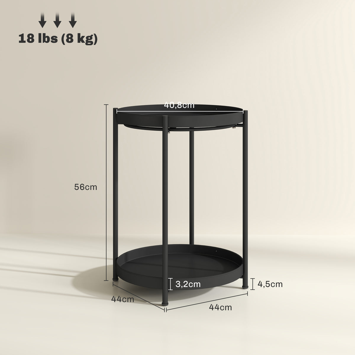 Runder Beistelltisch mit Regalboden, 2-stufiger Kaffeetisch f¨¹r Wohnzimmer, Schlafzimmer, kleine R?ume, Metall, Schwarz
