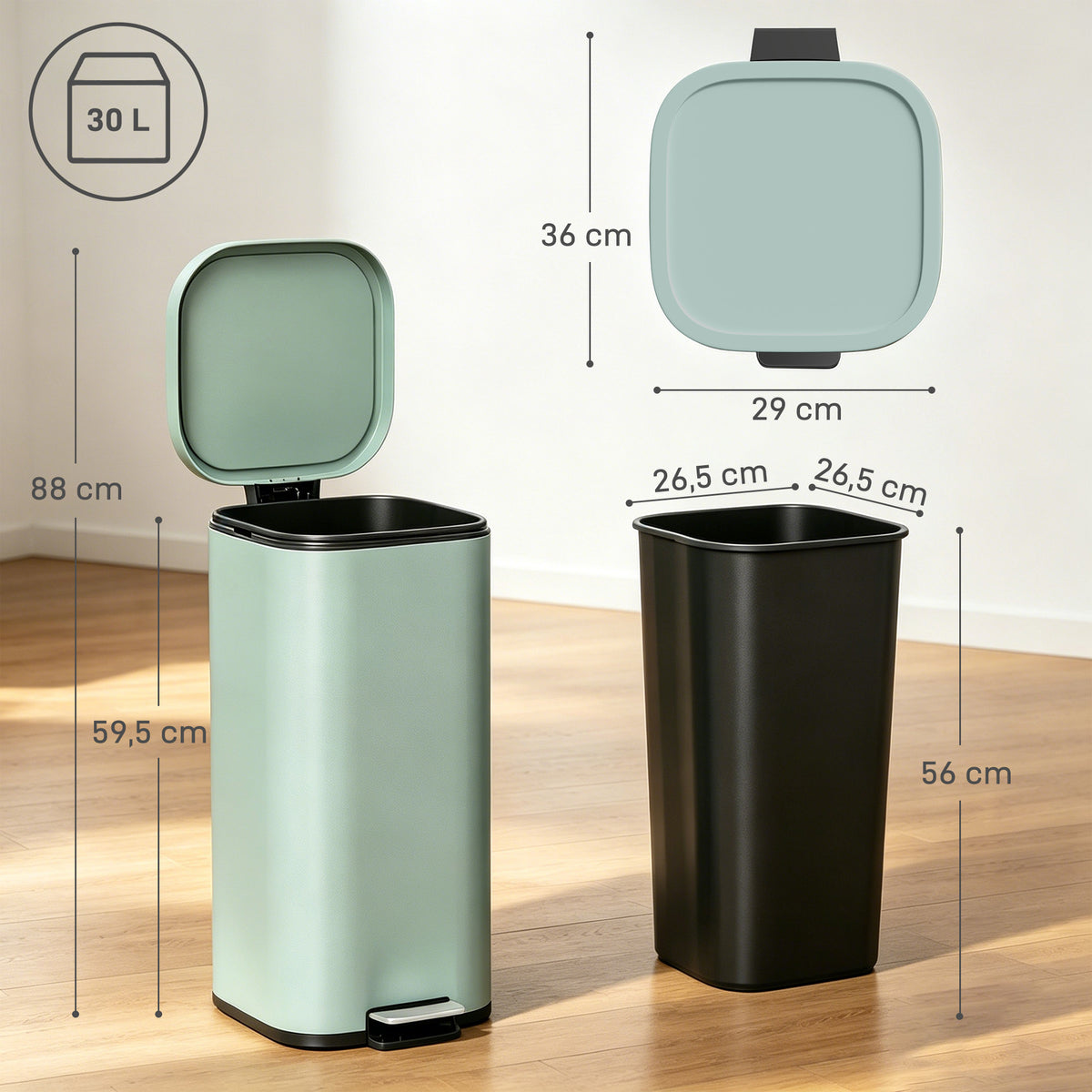 30L Kitchen Bin, Compact Pedal Bin with Soft-Close and Stay-Open Lid, Removable Bucket for Kitchen, Home, Office, Green