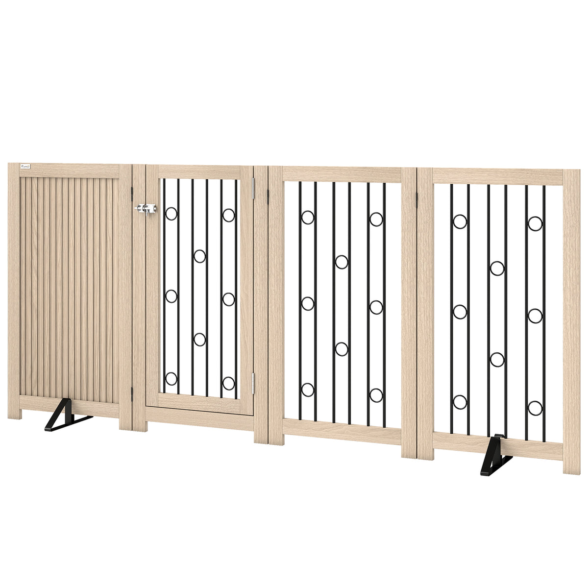 4 Panel Freestanding Pet Gate, Indoor Dog Barrier with Lockable Door, Support Feet, 360° Flexible Hinges, Oak