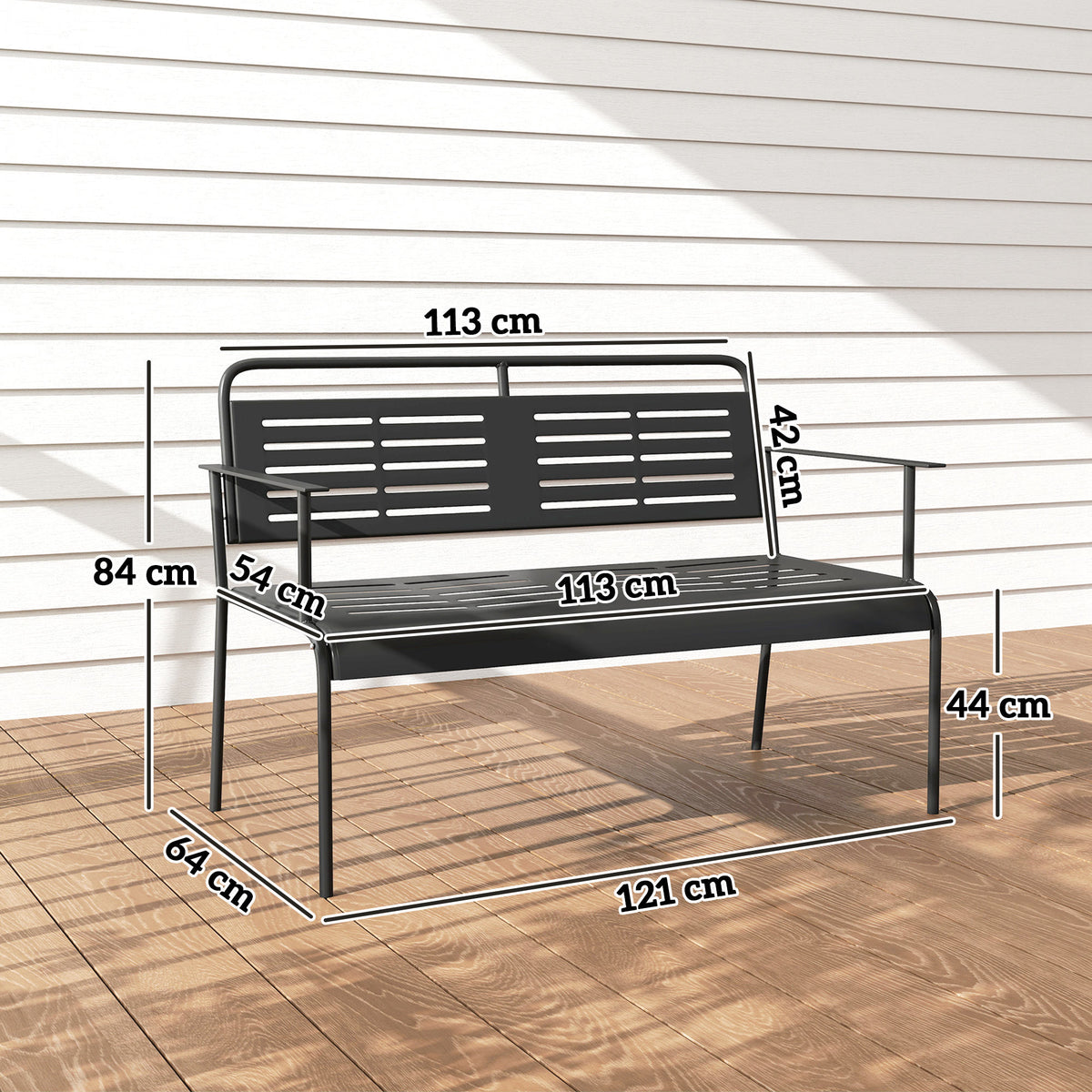-Sitzer Gartenbank, wetterfest Sitzbank, wasserabweisend Gartenmöbel mit Rücken- & Armlehnen 121 x 64 x 84cm, Schwarz