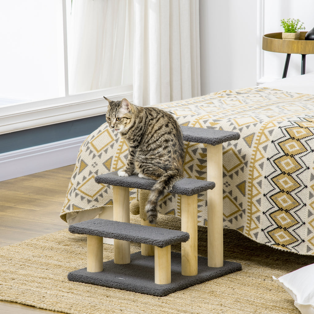 48cm Three-Step Cat Tree, with Toy Ball, Jute Scratching Post - Grey