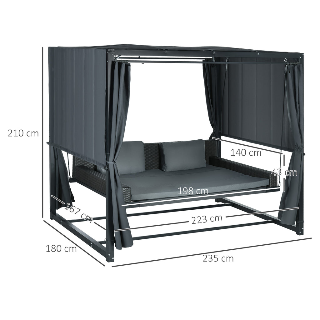 Outdoor-Schaukelbett aus PE-Rattan mit Baldachin, inkl. Kissen, wetterbeständig, 235 cm x 180 cm x 210 cm, Grau