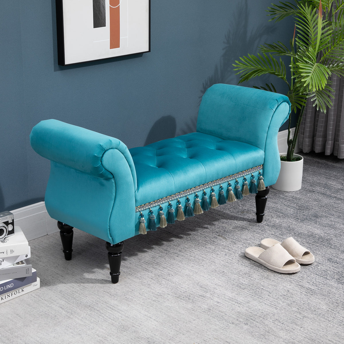 Sitzbank Polsterbank mit Samt-Bezug, Armlehne Bettbank mit Holzrahmen, Schuhbank für Schlafzimmer, Wohnzimmer, Flur 117 x 40 x 58 cm Blau