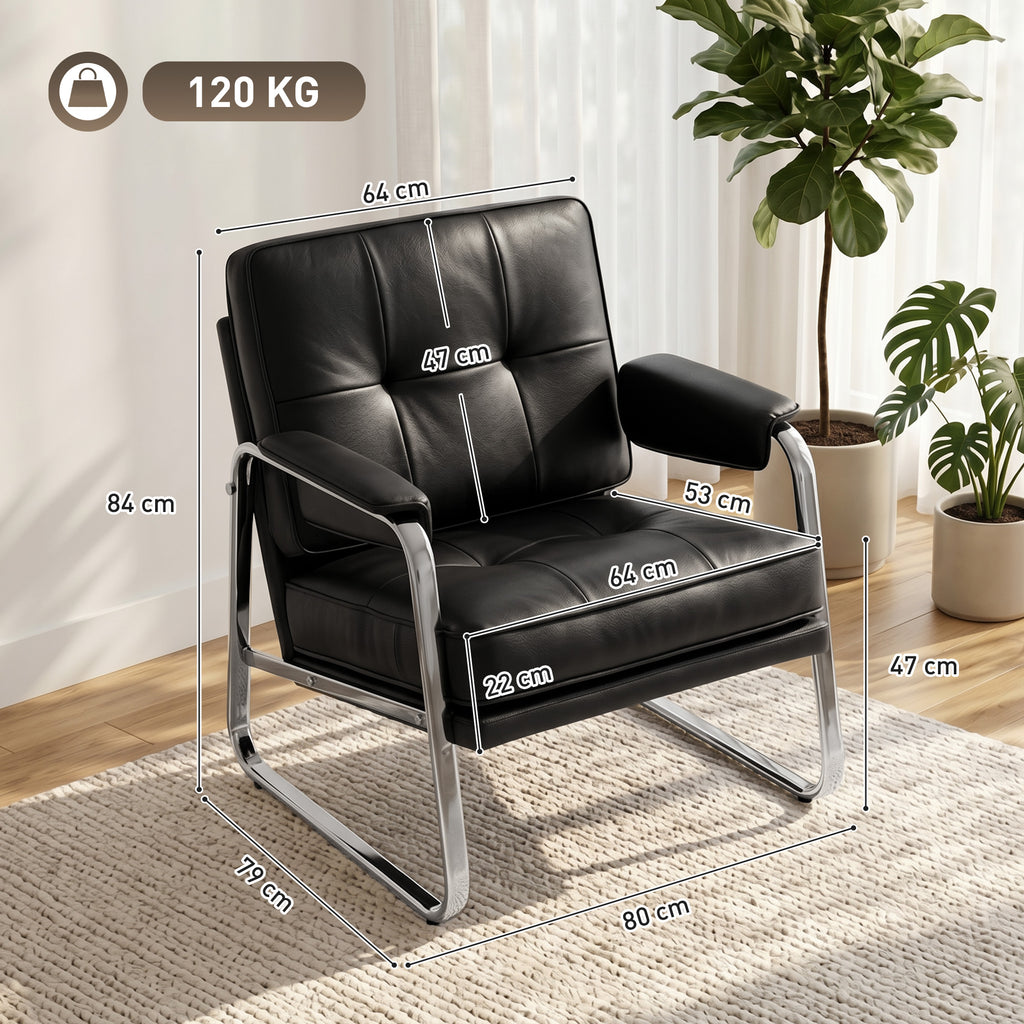 Sessel Loungesessel mit breiter Sitz, Armlehnen, Stahlbeinen, aus Kunstleder für Wohnzimmer, Schlafzimmer, Schwarz