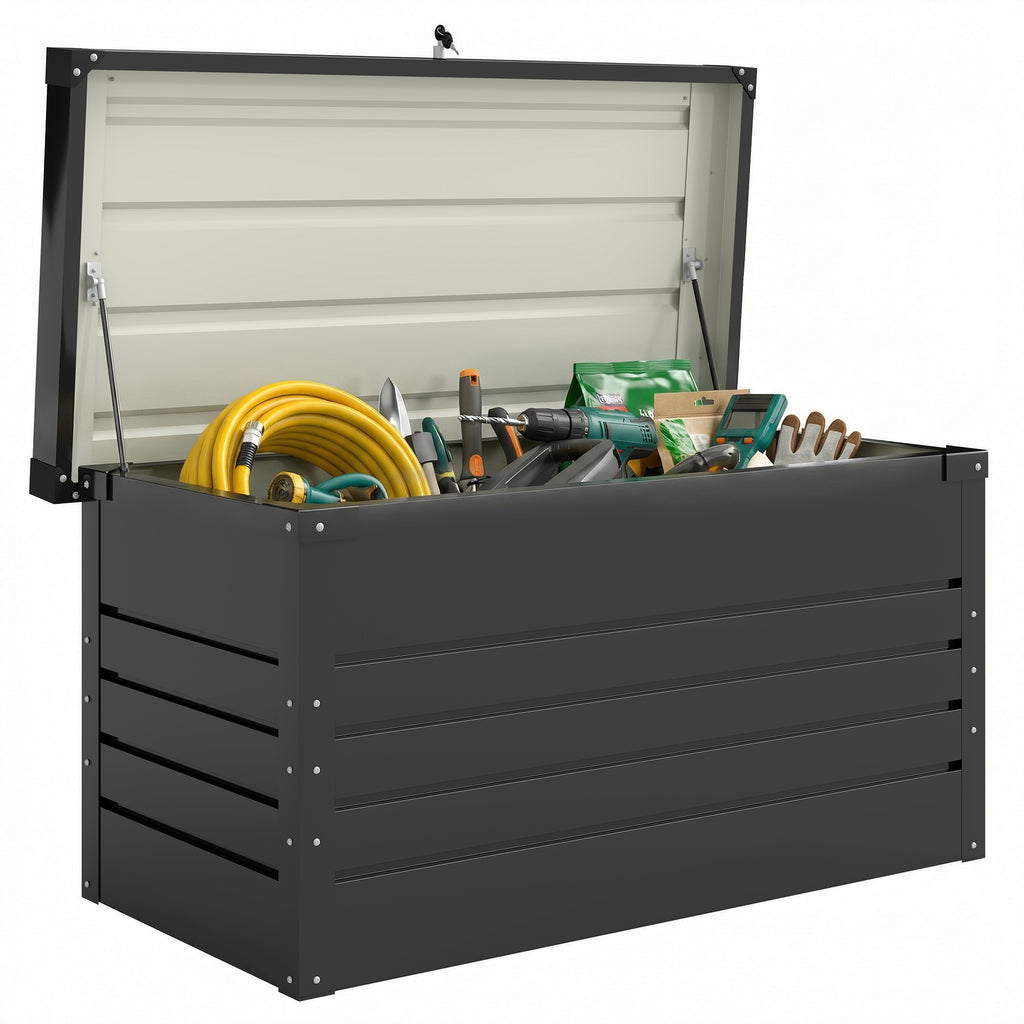 Gartenbox Metall 350L Kissenbox mit doppelwandig Deckel 120 x 61 x 62 cm Wasserdicht Abschließbar Grau