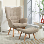 Akzentsessel mit Hocker, Relaxsessel in Cord-Optik, Armlehnstuhl mit Holzbeinen, für Wohnzimmer, Hellbraun