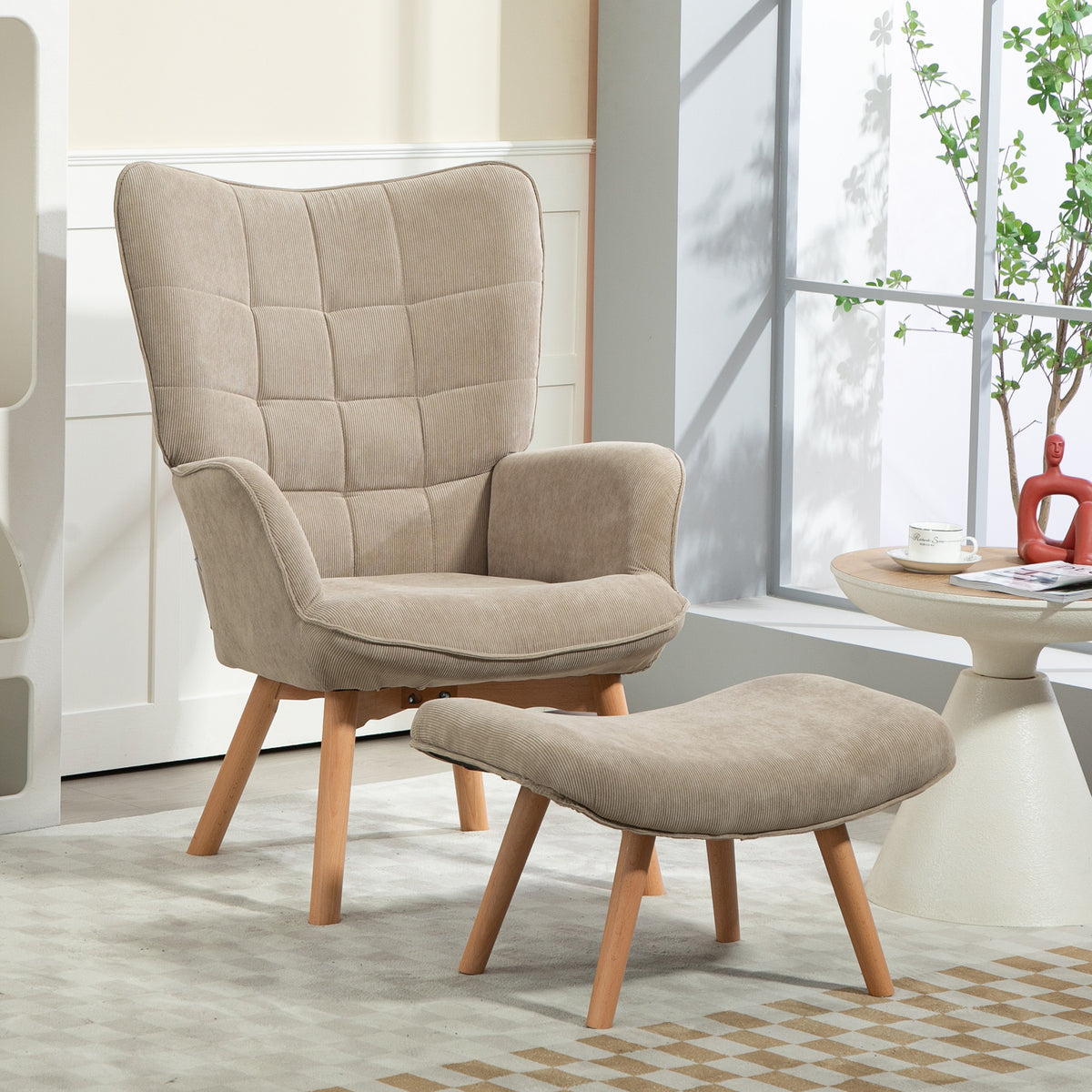 Akzentsessel mit Hocker, Relaxsessel in Cord-Optik, Armlehnstuhl mit Holzbeinen, für Wohnzimmer, Hellbraun