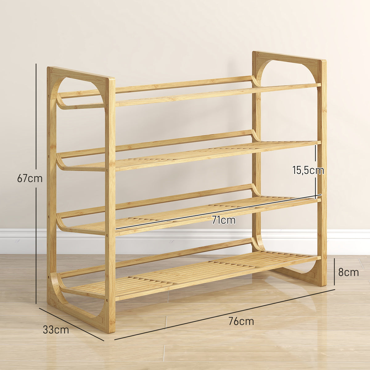 Schuhregal aus Bambus, 15,5 cm Regalh?he, bel¨¹ftetes Latten-Design, 76 x 33 x 67 cm, Naturholz-Effekt