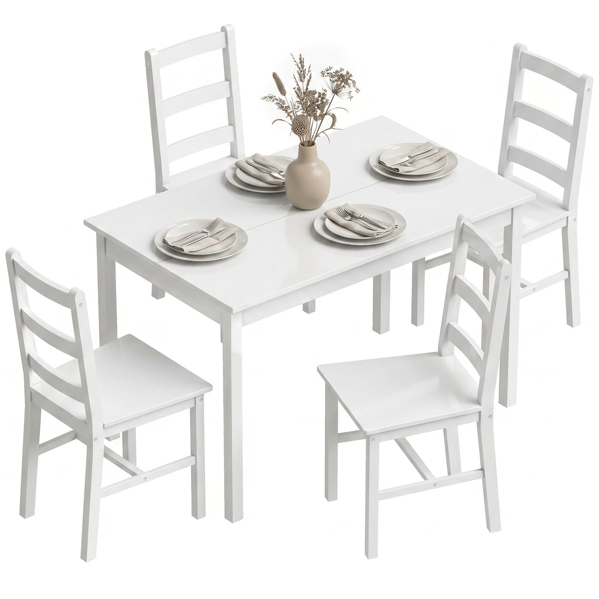5-teiliges Esszimmer-Set für 4 Personen, rechteckiger Esstisch und Stühle aus massivem Holz, für kleine Räume, Weiß