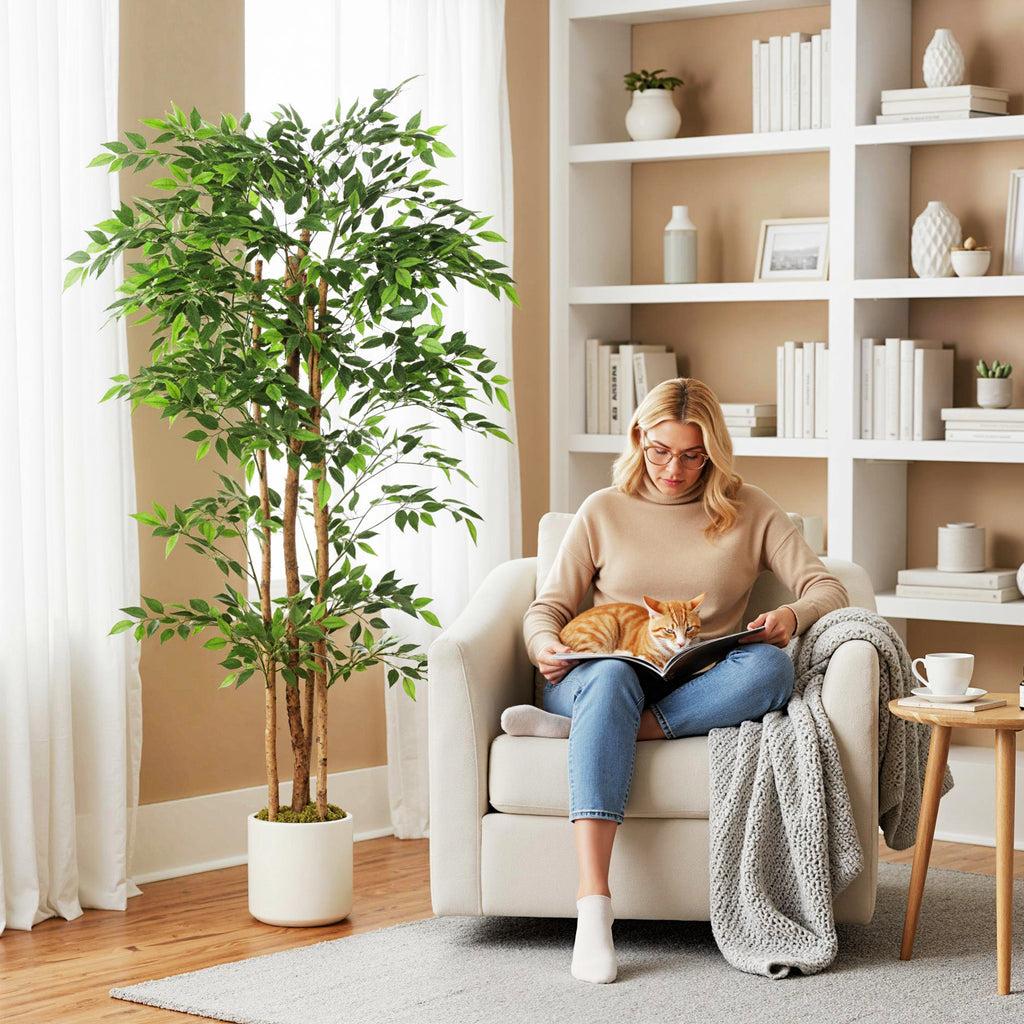 180cm Artificial Ficus Tree, Fake Potted Tree with Solid Wood Trunk and Pot for Indoor, Green